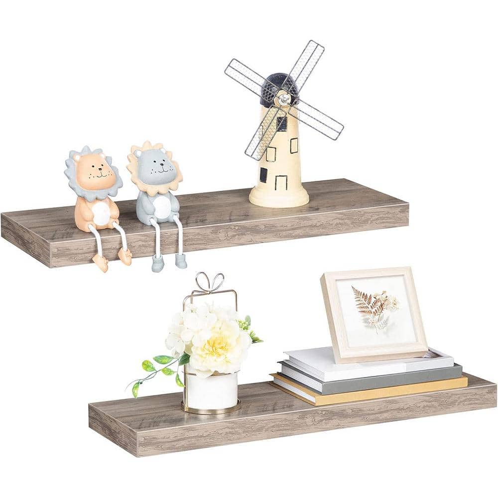 23.6 Inch Greige Wood Floating Wall Shelves Set of 2