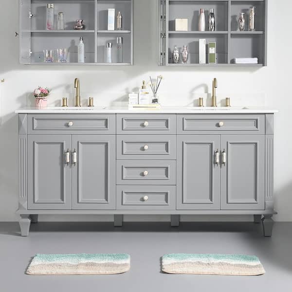 WELLFOR 72 in. W x 22 in. D x 35 in. H Solid Wood Freestanding Double Sink Gray Bath Vanity with Carrera White Quartz Top