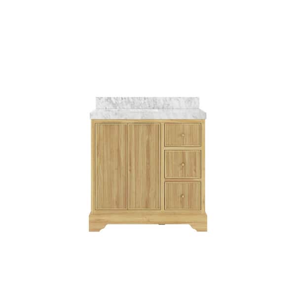 Willow Collections Austin Teak 36 in. W x 22 in. D x 36 in. H Left Offset Sink Bath Vanity in Light Teak with 2 in. Carrara Marble Top