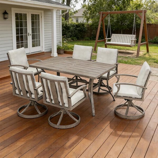 Limed Oak 7-Piece Aluminum Outdoor Dining Set with Rectangular Dining Table and Beige Cushions