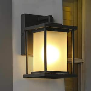 Modern Black Outdoor Wall Lantern Sconce, 1-Light Rectangle Industrial Outdoor Wall Light with Frosted Glass Shade
