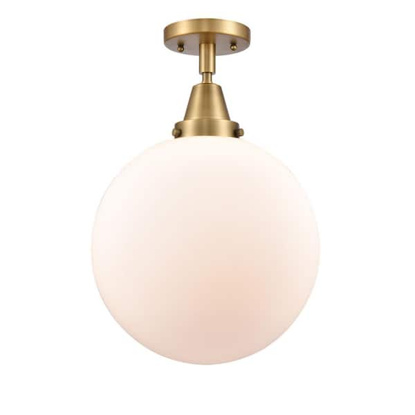 Beacon 12 in. 1-Light Brushed Brass Industrial Flush Mount with Seeded Glass Shade