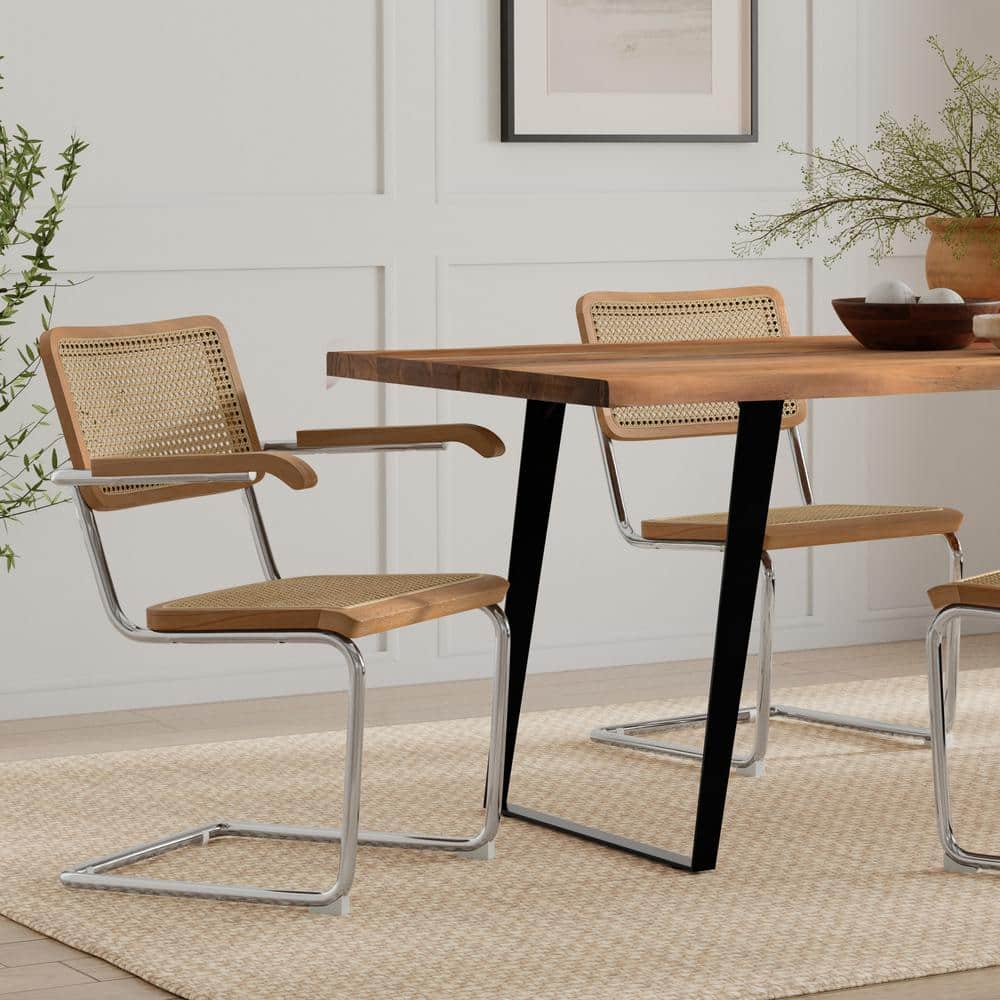 Natural Brown Rattan and Cane Arm Chair with Chrome Legs