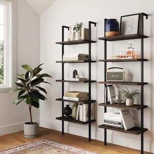 Theo Dark Walnut Brown 5-Shelf Ladder Bookcase or Bookshelf with Black Metal Frame (Set Of 2)