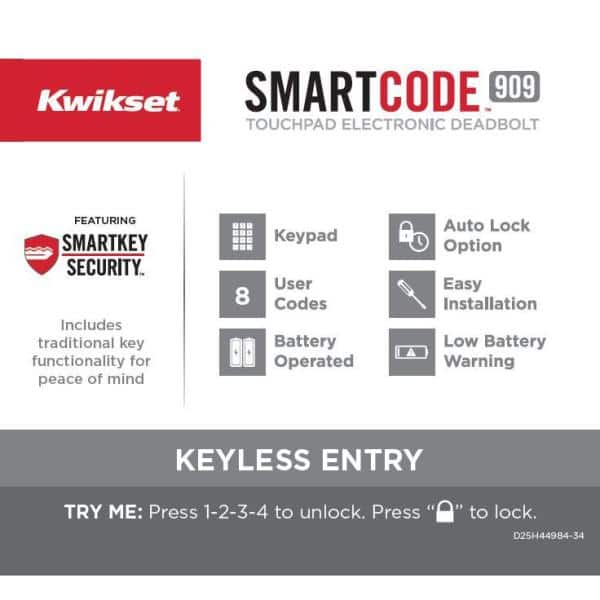 返品?交換対象商品】 Kwikset 909 SmartCode Electronic Deadbolt featuring SmartKey  Security and Avalon Handleset with Tustin Right Handed Left Lever in  Venetian