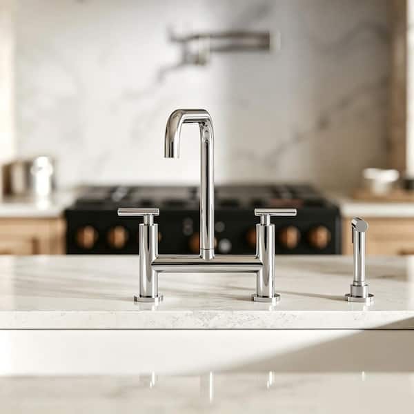 13 in. Height 2-Handle Bridge Kitchen Faucet with Side Spray, 360° Swivel in Chrome