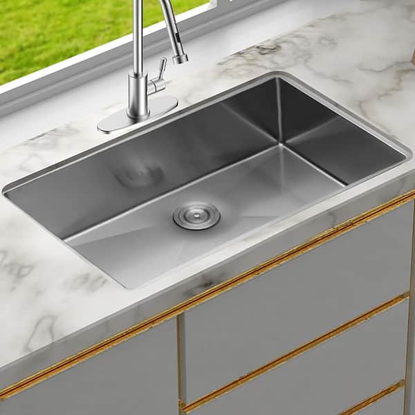 33 in. Undermount Single Bowl 16 Gauge Brushed Nickel Stainless Steel Kitchen Sink with Drain Assembly