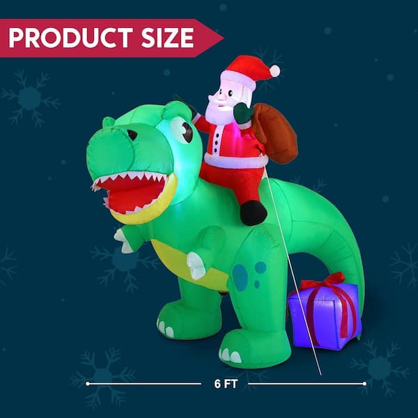 6 ft. Christmas Inflatable Dinosaur with Build-in LEDs, Blow Up Dinosaur with Santa