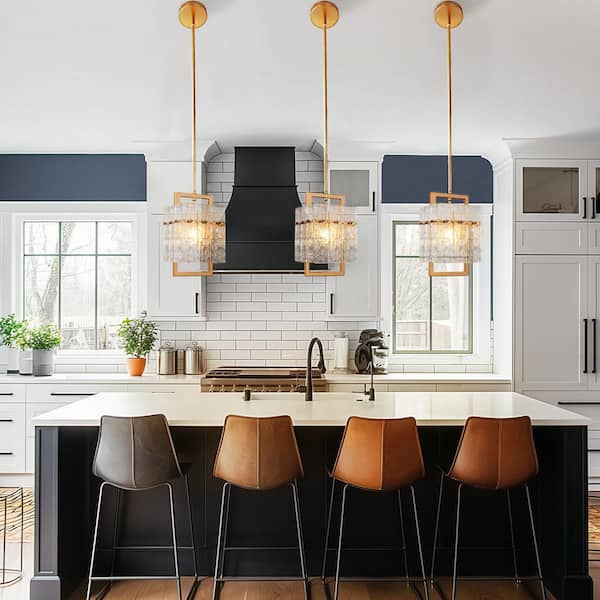 7 in. 1-Light Gold Pendant Light with Seeded Glass Shade, Adjustable Height Rectangle Chandelier for Kitchen Island