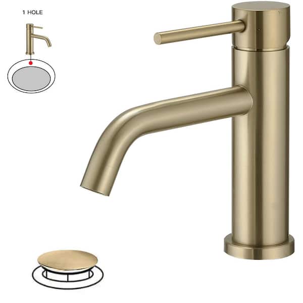 Single Handle Single Hole Low-Arc Bathroom Faucet with Drain Assembly Drip-Free Vanity Sink Faucet in Brushed Gold