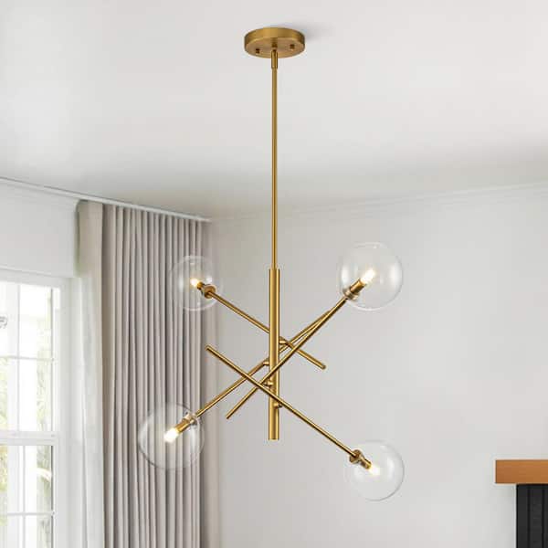 Y'INSP 4 Light Brushed Gold Mid Century Modern Sputnik Bubble Chandelier Light Fixtures for Dining Room with Clear Glass Shade