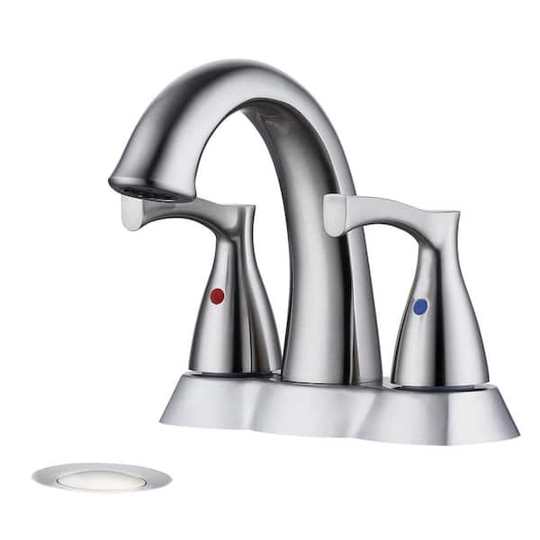 Mondawe Monset 4 in. Centerset Double Handle Low Arc Bathroom Faucet with Pop-Up Drain in Brushed Nickel