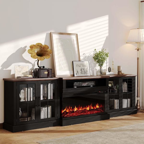 98 in. Freestanding Wooden TV Stand with 3-Sided Electric Fireplace and Dual Glass Cabinets in Black