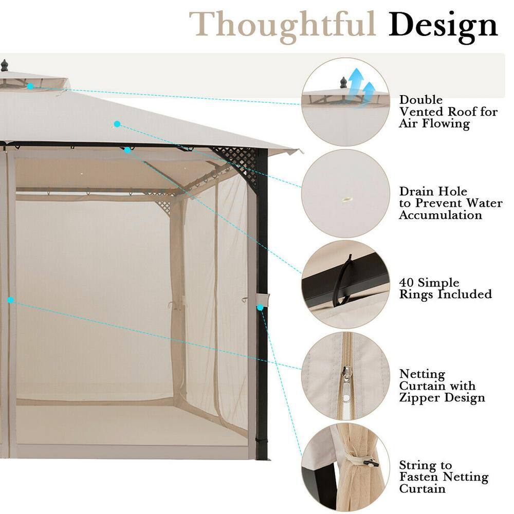 Beige 12' x 10' Steel Frame Patio Gazebo with Netting