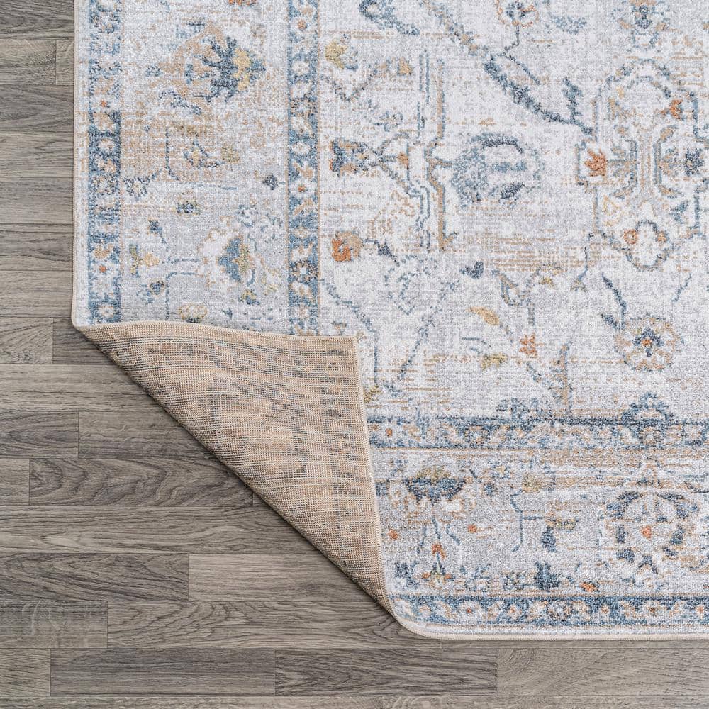 Light Gray and Blue Low-Pile Machine-Washable Rectangular Rug
