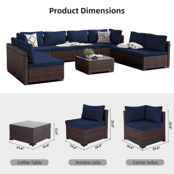 9-Piece Wicker Patio Conversation Seating Set with Blue Cushions and Coffee Table