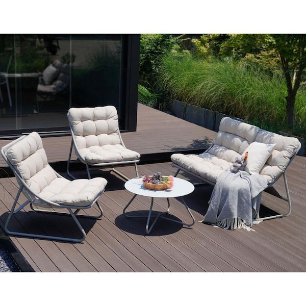 4-Piece Metal Outdoor Patio Conversation Set with Champagne Cushion, with Coffee Table for Backyard, Garden