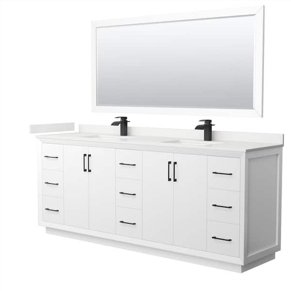 Wyndham Collection Strada 84 in. W x 22 in. D x 35 in. H Double Bath Vanity in White with White Quartz Top and 70 in. Mirror
