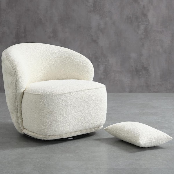 KINWELL Cream Boucle Upholstered Tufted Back Swivel Barrel Chair
