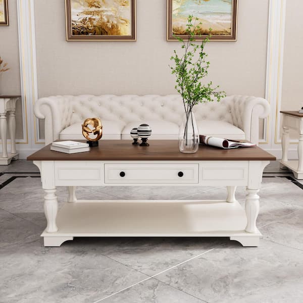 JEAREY Monterey 52 in. Natural Large Rectangle Wood Top Coffee Table With Storage Shelf Solid Rubber Wood Legs