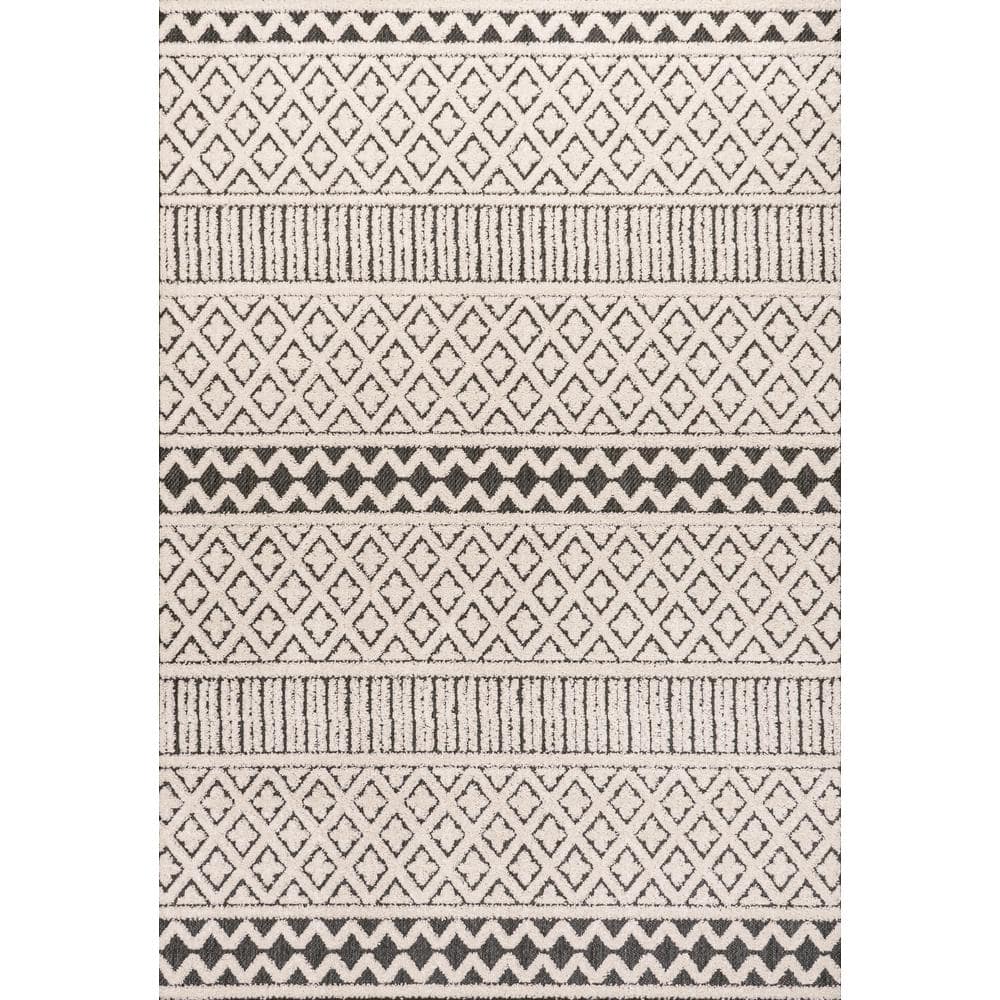 Cream and Black Geometric Synthetic Indoor/Outdoor Area Rug