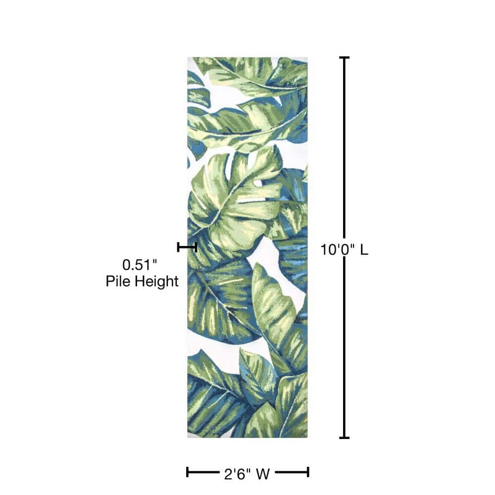 Tropical Leaf Design Reversible Indoor/Outdoor Blue Runner Rug, 2'6" x 10'