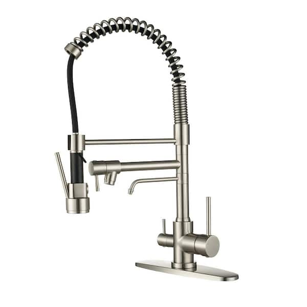 Brass Triple Handle 20in. H 360° Swivel Pull Down Sprayer Kitchen Faucet  Water Filter Faucet Combo in Brushed Nickel