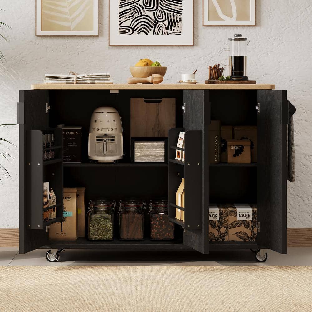 51in. Black Fluted Kitchen Cart with Drop Leaf, Internal Rack, Wheels, and 