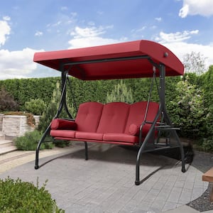 3-Seat Outdoor Porch Swing Chair with Adjustable Canopy, Side Trays, Cushions and Pillows, Wine Red