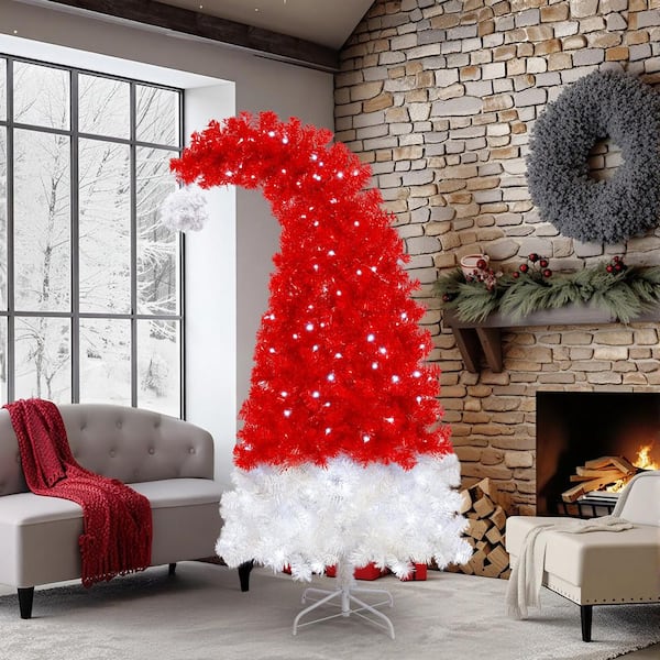 6 ft. Santa Hat Curved Holly Artificial Christmas Tree Arrangement with 1050 Tips and 300 Cool White LED Lights