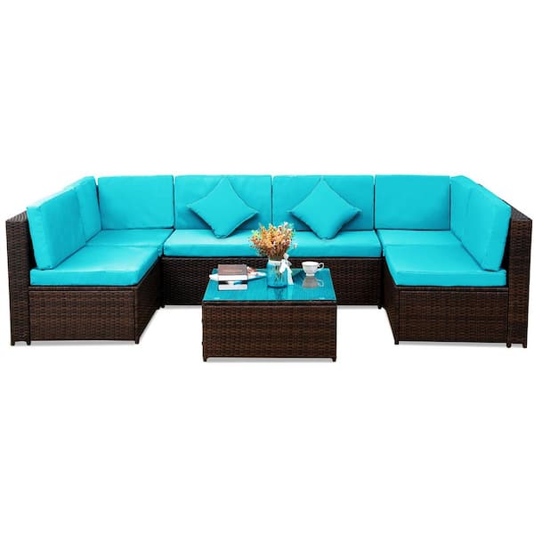 Unbranded COPY 0 Patio 7-Pieces Wicker Patio Conversation Set with Blue Cushions