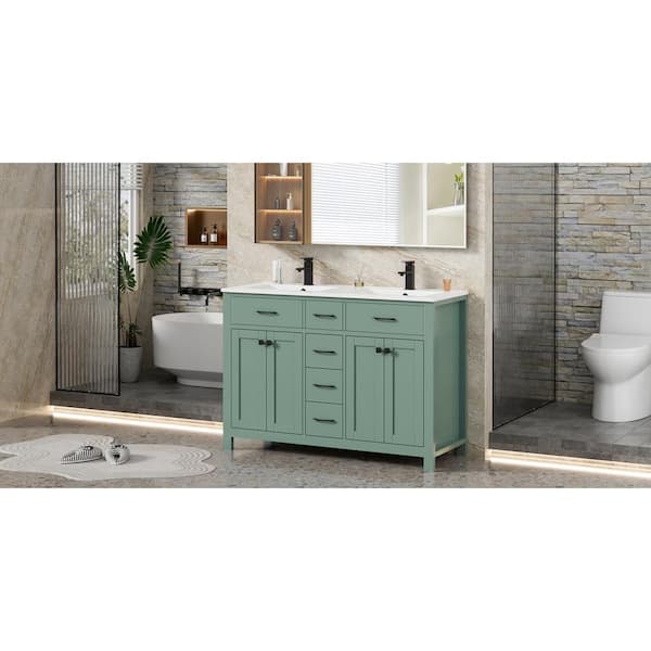 48 in. W x 18 in. D x 34 in. H 2-Sink Freestanding Bath Vanity in Green with White SMC Resin Top and Drain Faucet Set