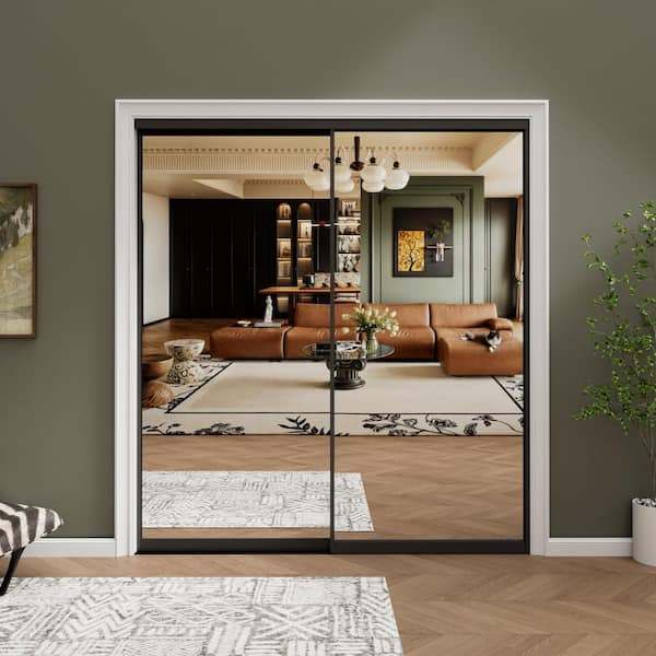 60 in. x 80 in. 1-Lite Black Mirrored Glass and Aluminum Frame Finished Closet Sliding Door with Hardware Kit