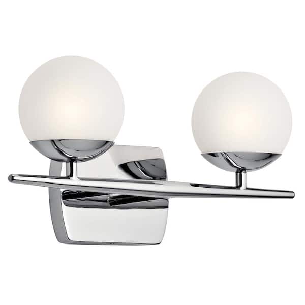 KICHLER Jasper 16.5 in. 2-Light Chrome Halogen Mid-Century Modern Bathroom Vanity Light with Etched Glass Shade