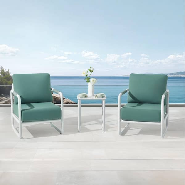 3-piece aluminum frame outdoor furniture set, 6. 7in thick cushion, outdoor chair, coffee table(White)