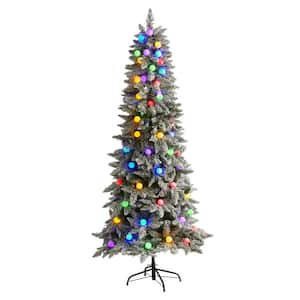 6.5 ft. Pre-lit Flocked British Columbia Fir Artificial Christmas Tree in Planter with 75 Multi-Color Globe Bulbs