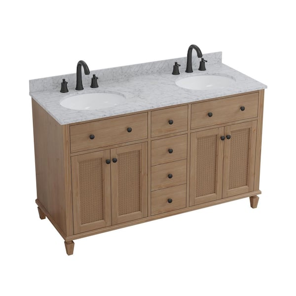 Sovienne 55 in. Double Freestanding Light Brown Bath Vanity with White Carrara Marble Top Assembled