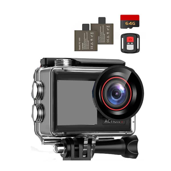 4K60FPS Action Camera with LCD Touch Screens, 30MP, 132 ft. Waterproof, EIS, 64GB Card, 5X Zoom and WiFi Control-Black