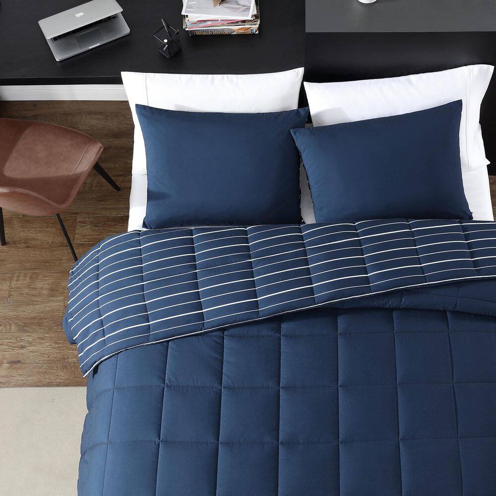 Navy Blue Twin Reversible Microfiber Comforter Set