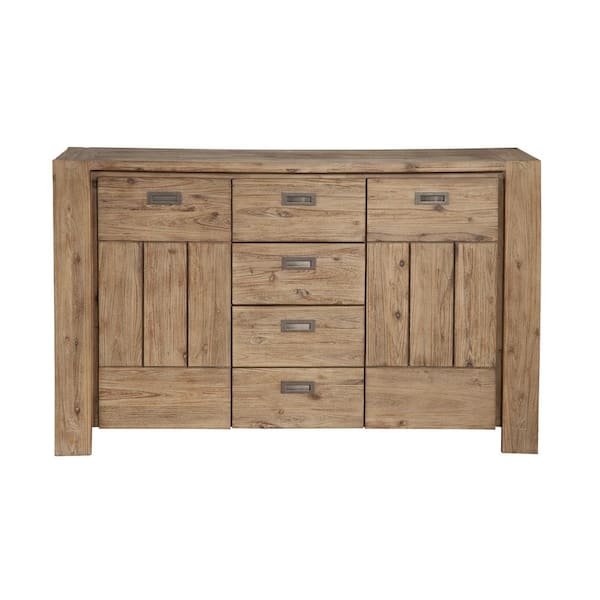 Alpine Furniture Seashore Sandblasted Antique Natural Wood 58 in. W Sideboard with Solid Wood, Drawers