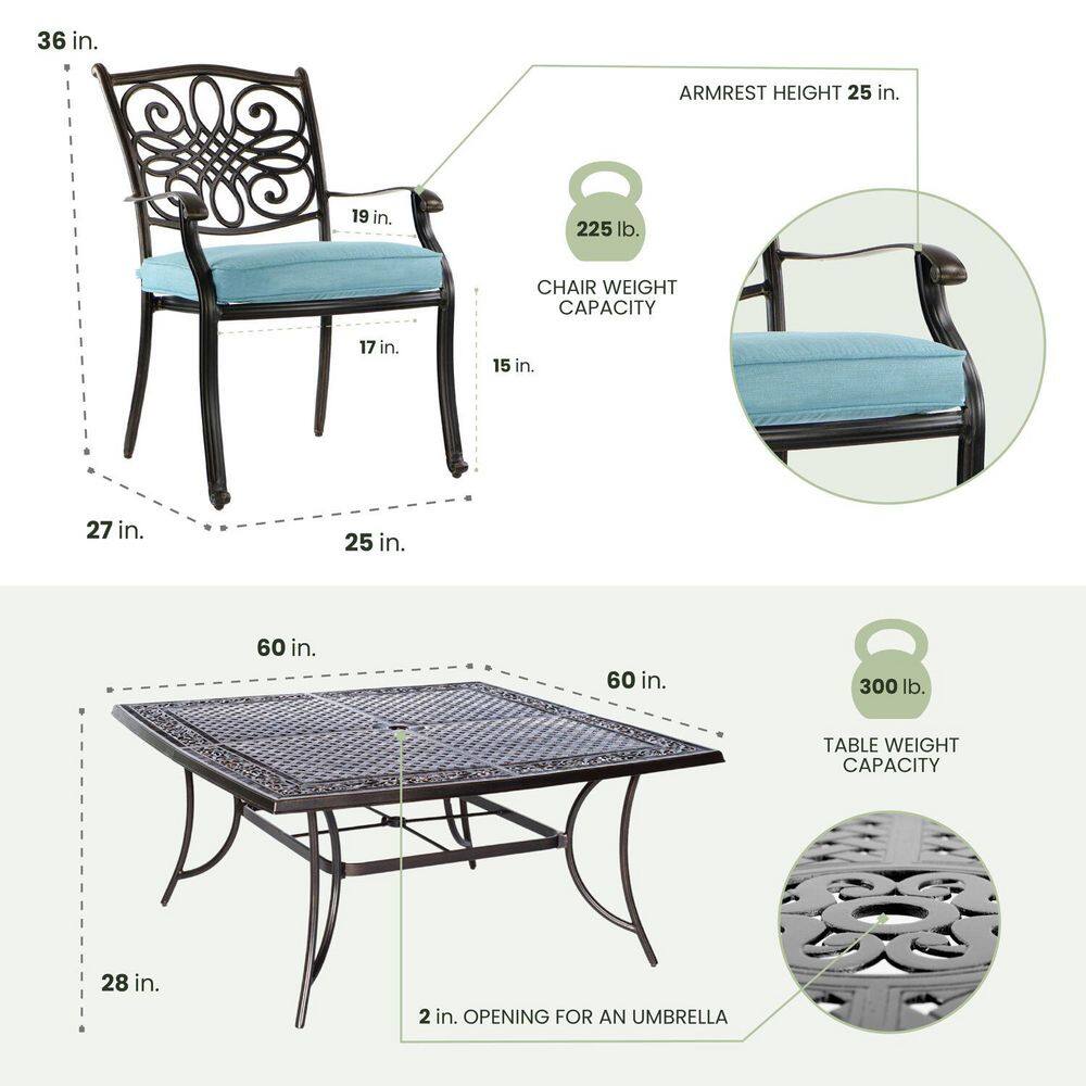 Hanover Traditions 9-Piece Blue Cushion Aluminum Outdoor Dining Set