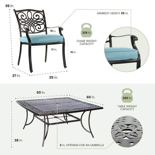 Traditions 9-Piece Aluminum Outdoor Square Patio Dining Set with Blue Cushions