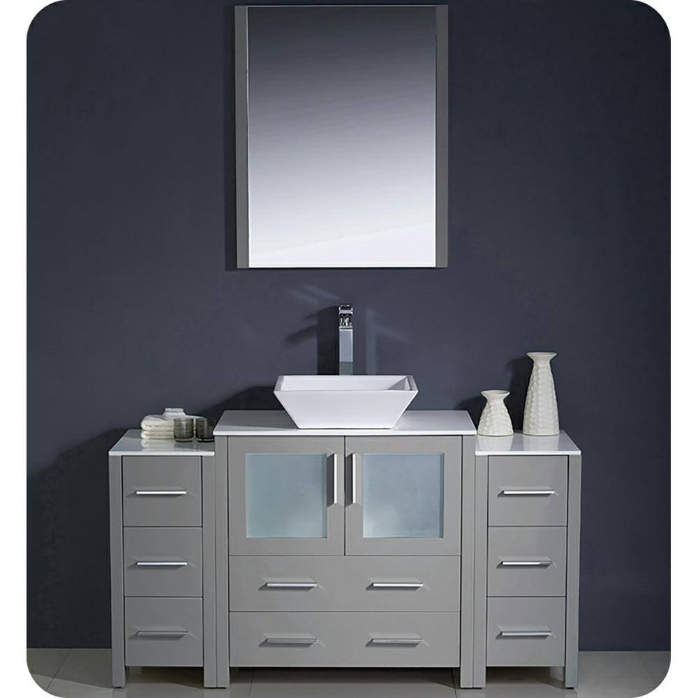 Gray Engineered Wood Modern Freestanding Vanity Base with Frosted Glass Doors