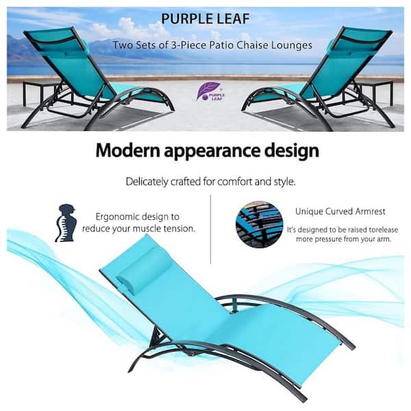 Patio Chaise Lounge Set Stainless Steel Outdoor Beach Pool Sunbathing Lawn Lounger Recliner Chair Side Table Included
