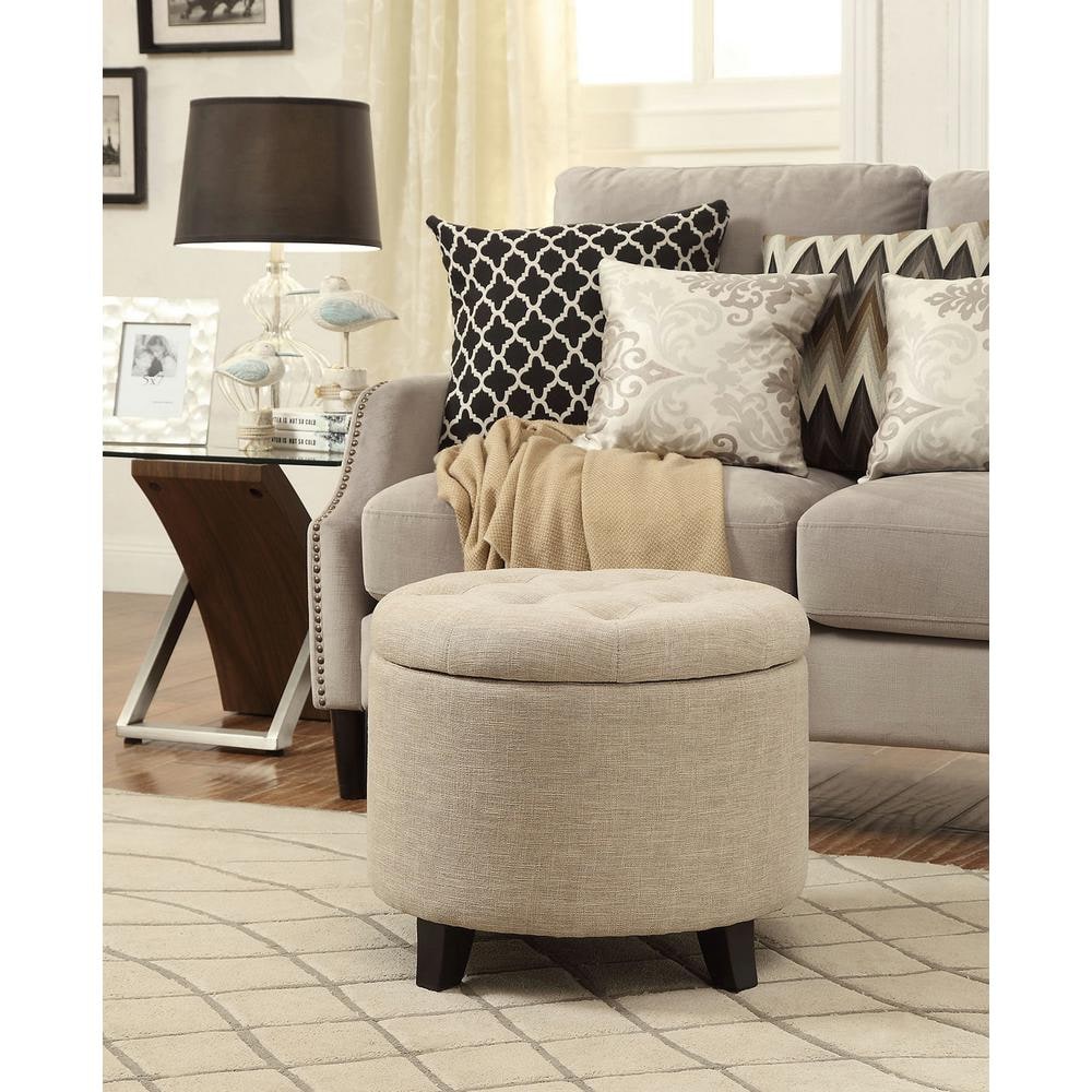Tan Fabric Tufted Round Ottoman with Concealed Storage, 20"