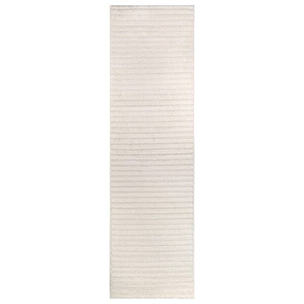 Horizontal Stripe Power Loomed Soft Shag High-Low Indoor 2 ft. x 12 ft. White Area Rug