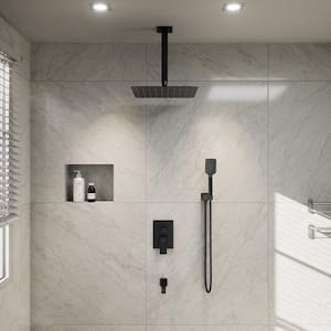 3-Spray Pattern 10 in. Ceiling Mount Shower Head, Tub Spout, Fixed and Handheld Shower Head in Matte Black