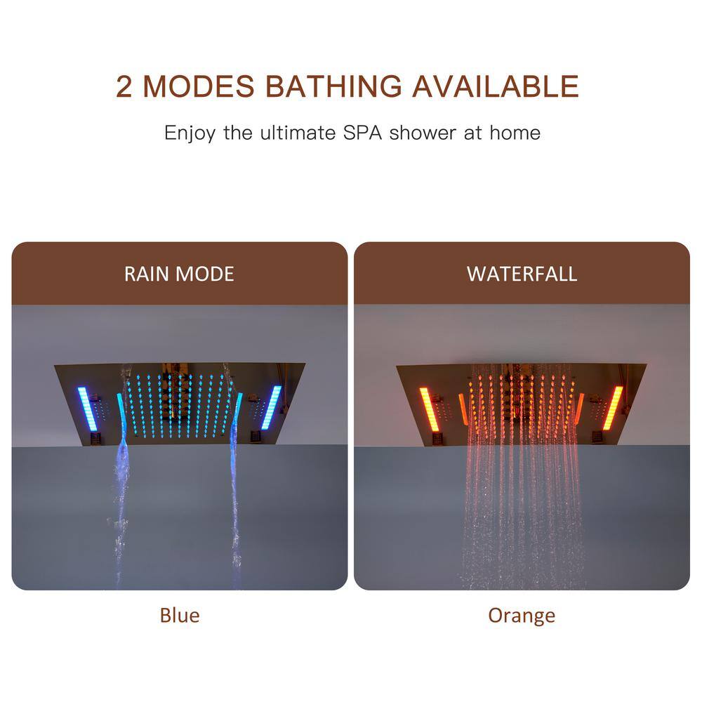 Brushed Gold Large Dual Rectangle Ceiling Mounted Shower System with LED and Bluetooth