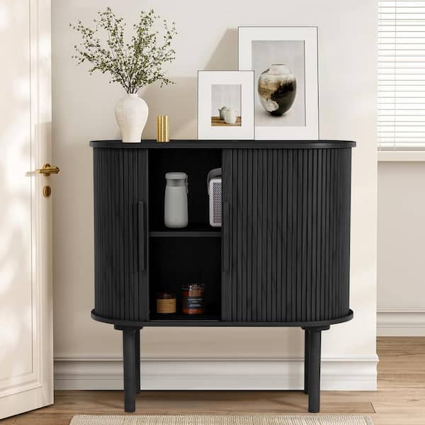 FUFU&GAGA Black Wood Buffet Sideboard with 4-Shelf, Slatted Doors