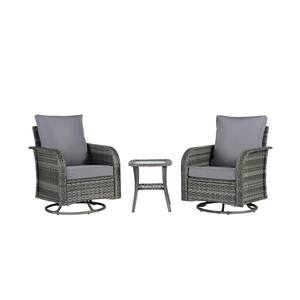 3-Piece Patio Wicker Swivel Chair Outdoor Bistro Set with Side Table, Gray Cushions